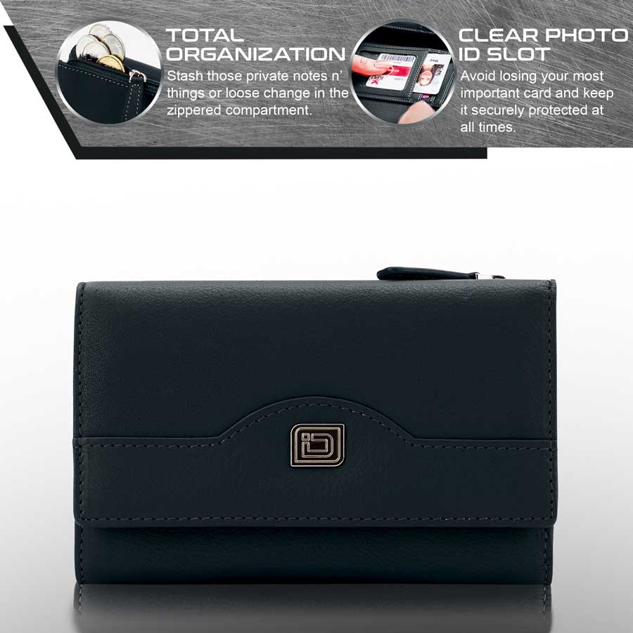Black women’s leather trifold wallet front with snap closure and metal emblem