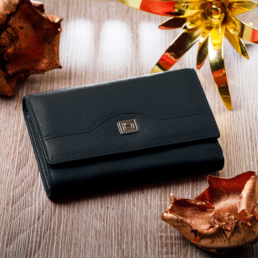 Black leather trifold wallet with magnetic snap and metal logo front