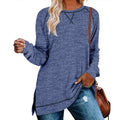Women’s long-sleeve loose tunic top in blue heather, side-slit hem, round neckline