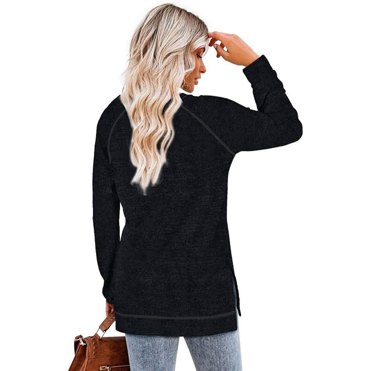 Black long-sleeve tunic pullover from back view with side slits, loose fit