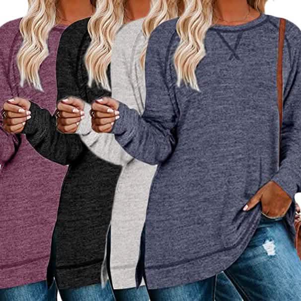 Women’s long-sleeve loose tunic with side-slit hem; purple, black, and heather gray shown