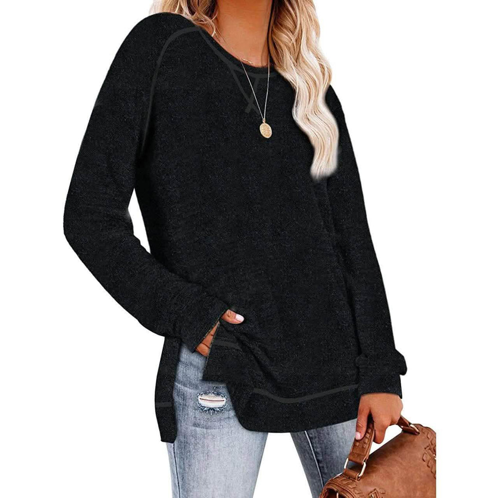 Black long-sleeve tunic pullover with loose fit and side slits