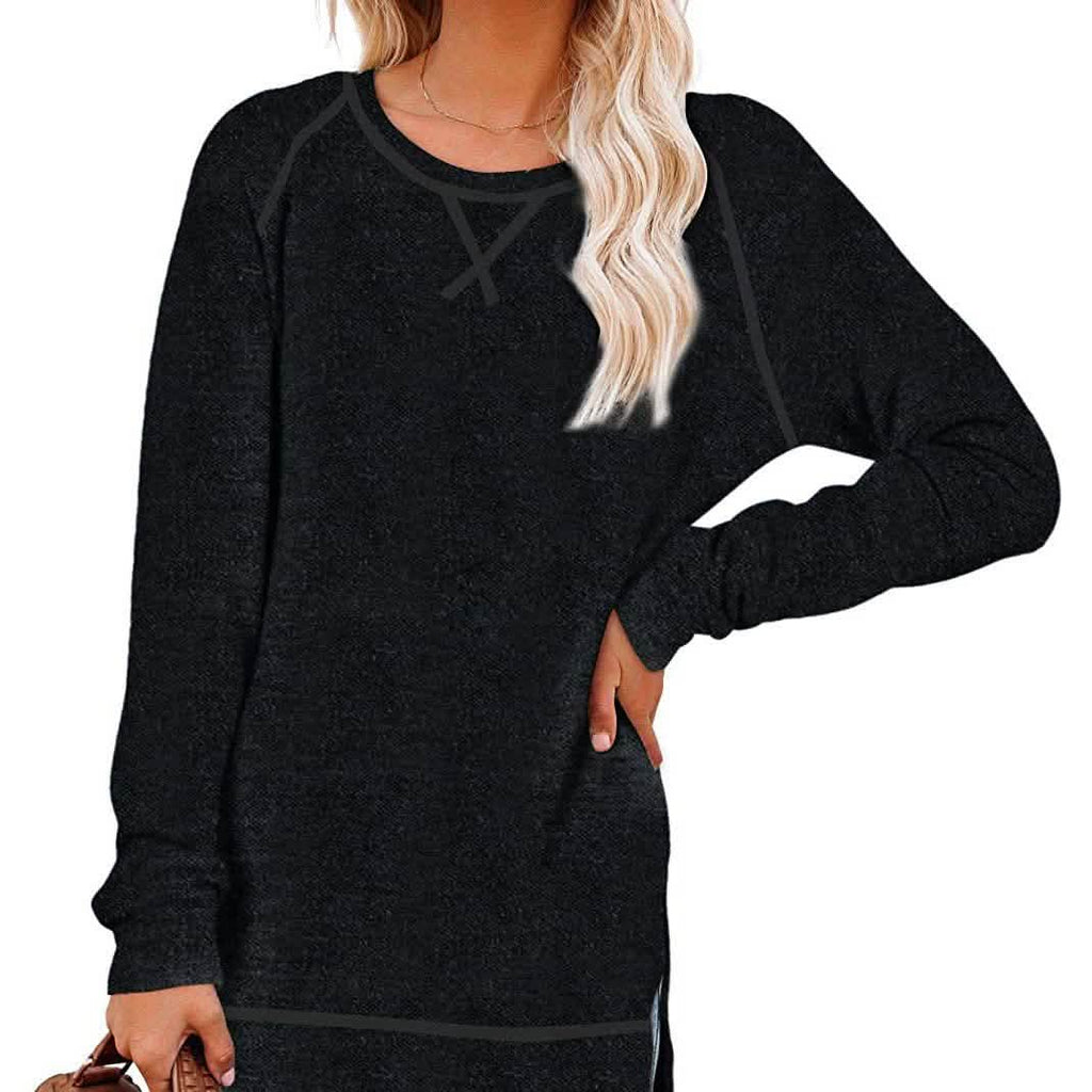 Black long-sleeve tunic pullover, crew neck, side slits, loose fit