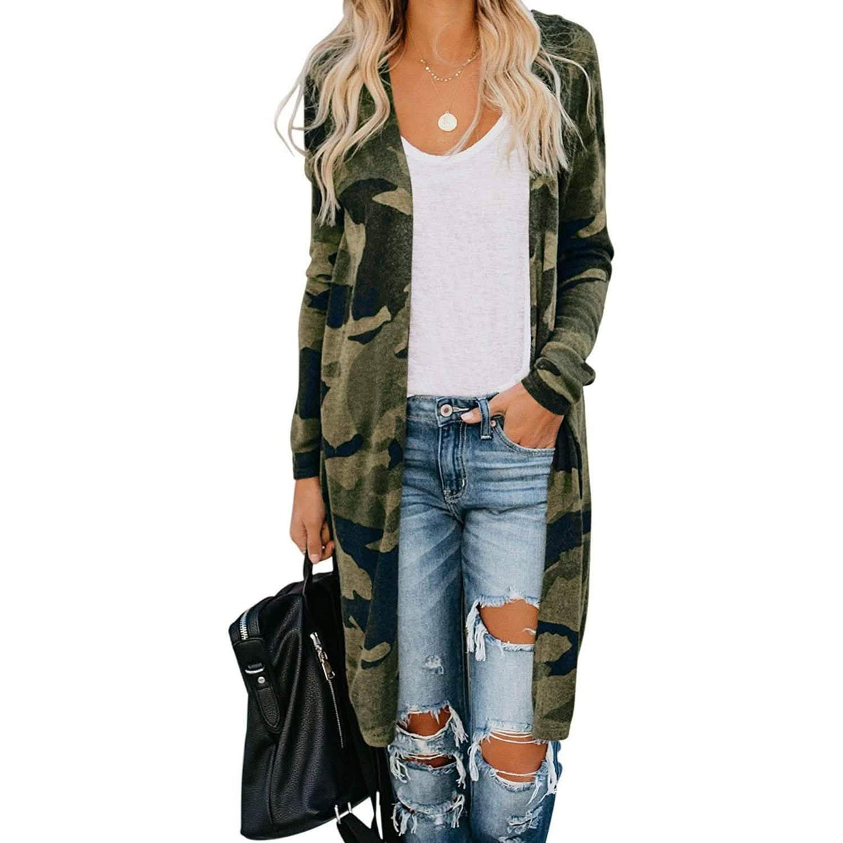 Women’s open-front camo printed cardigan with long sleeves, thin knit