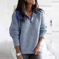 Blue textured quarter-zip pullover sweater with long sleeves and knit texture.