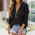 Black waffle-knit V-neck oversized sweater, long sleeves, pullover