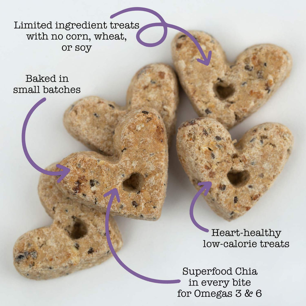 Heart-shaped dog treats with small brown bites and dark speckles