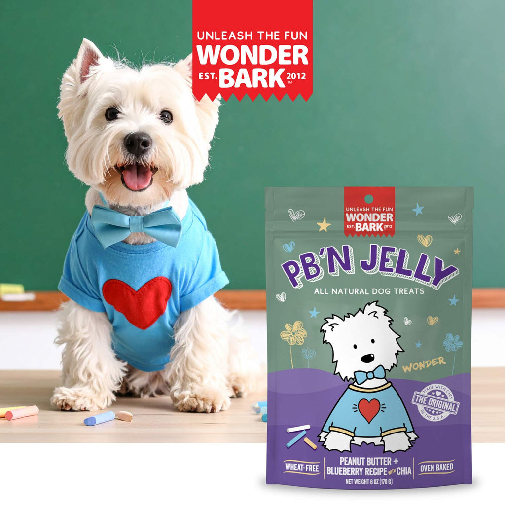 PB'N Jelly dog treat bag beside a small white dog wearing a blue bandana