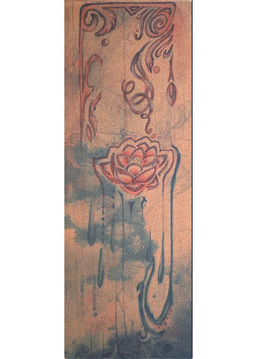 Cork travel yoga mat with full-length lotus and flowing line artwork