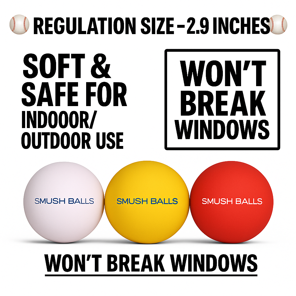 Soft SMUSH BALLS stress balls in light purple, yellow, and red.
