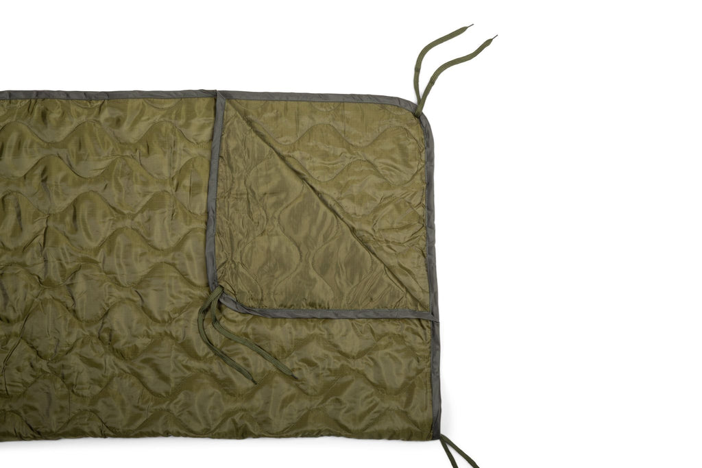Woobie blanket in ranger green, open panel view with seam lines and drawstring cord