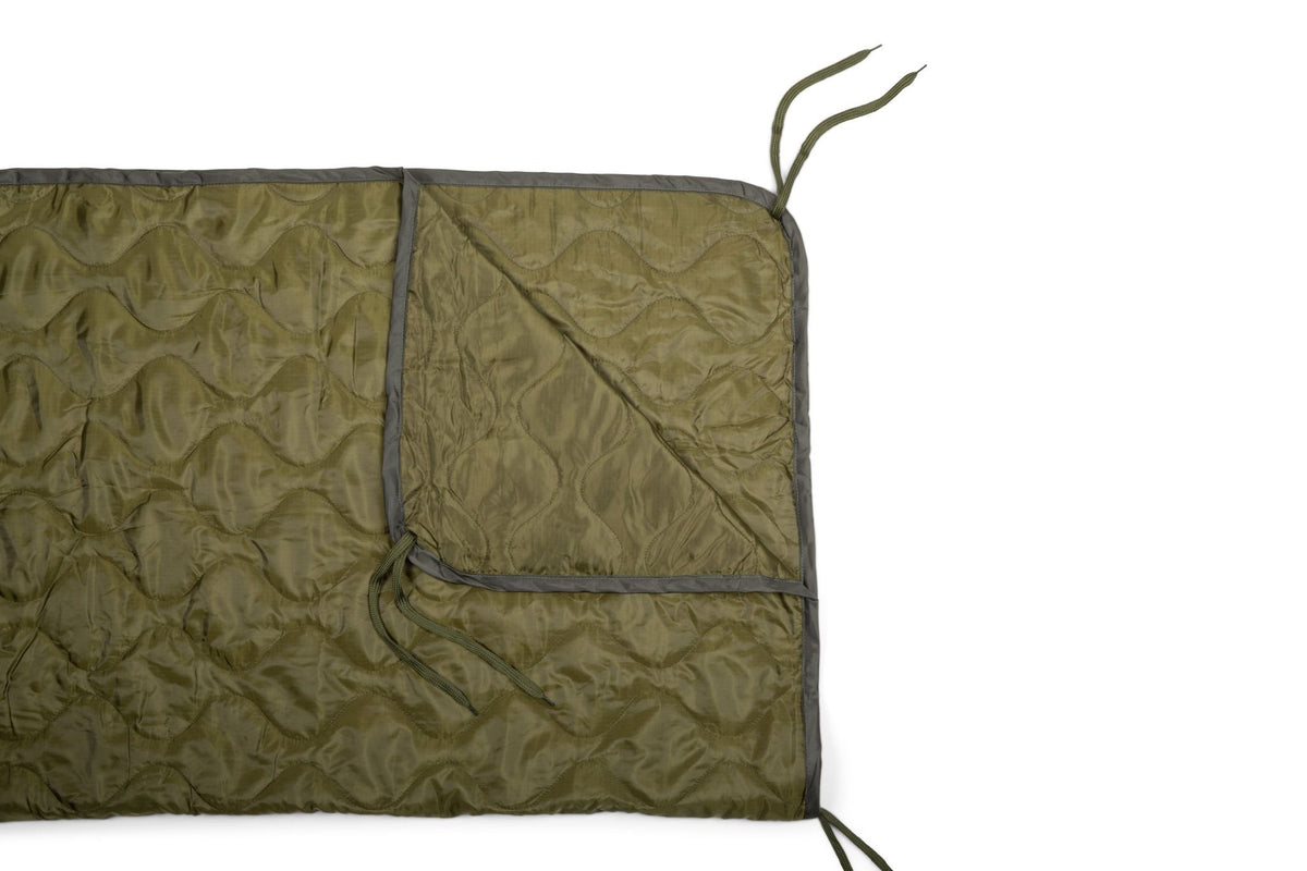 Woobie blanket in ranger green, open panel view with seam lines and drawstring cord
