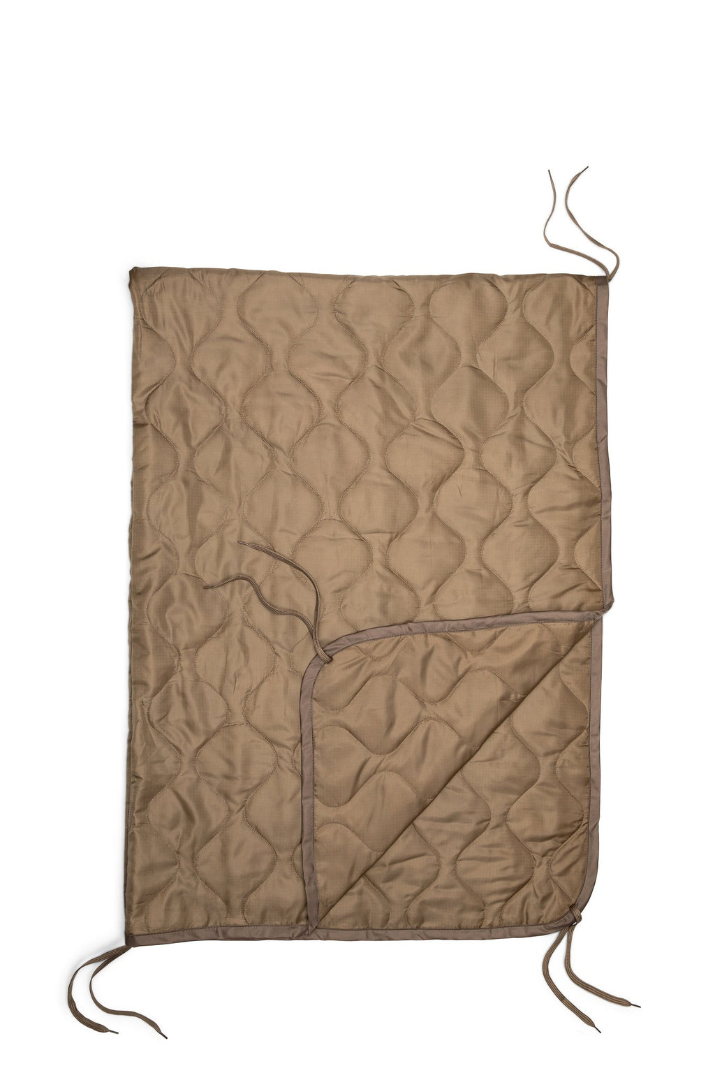 Woobie blanket in coyote tan, open panel view with quilted texture and drawstring cord
