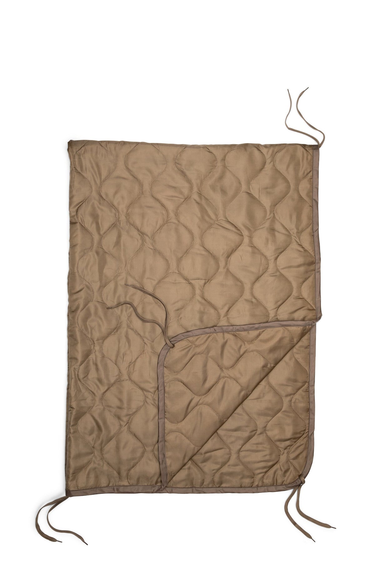 Woobie blanket in coyote tan, open panel view with quilted texture and drawstring cord