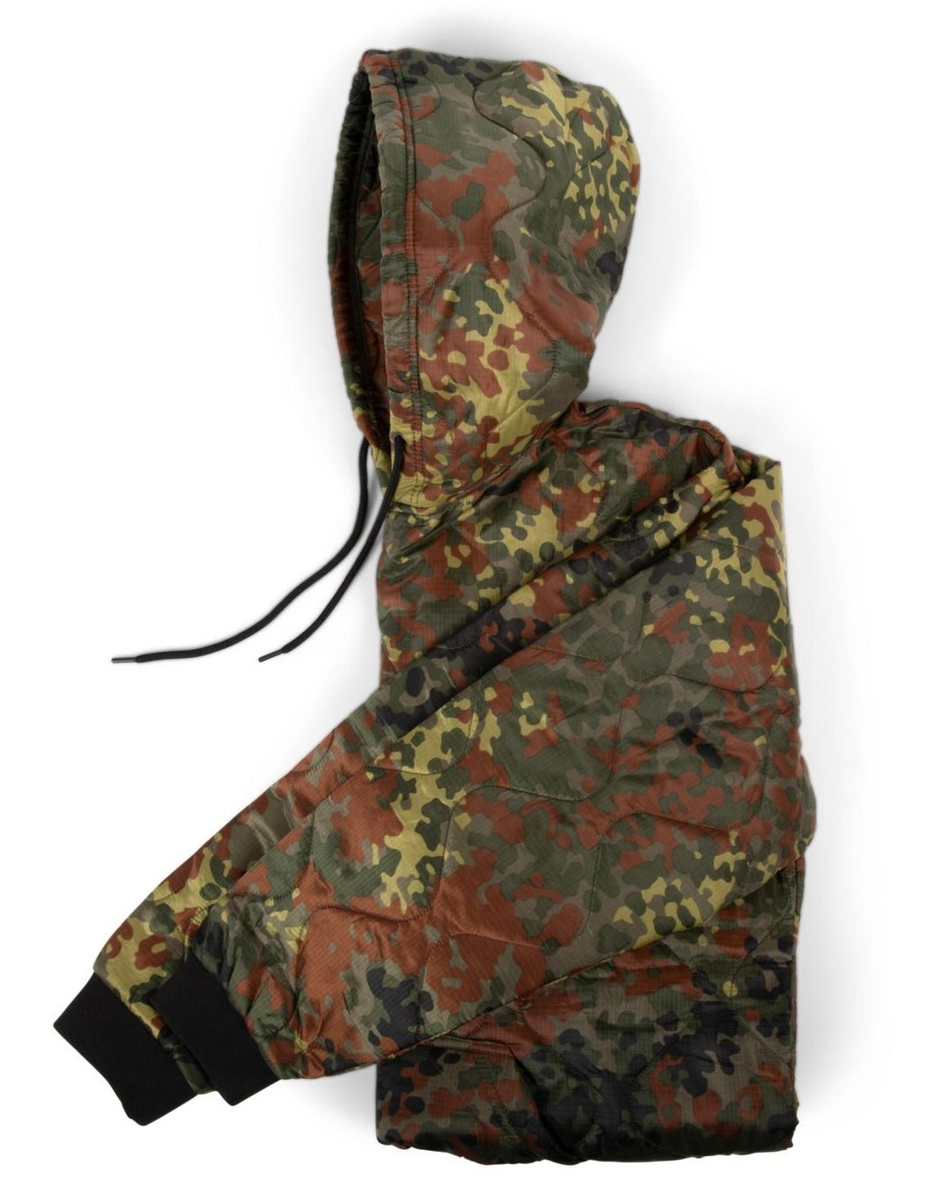 Woobie hoodie with camouflage print, pullover hood, and black drawstring.