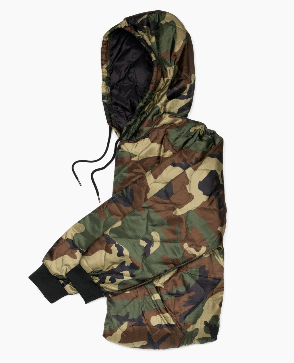 Woobie hoodie camouflage print with hood, black cuffs, and front pocket hem detail.