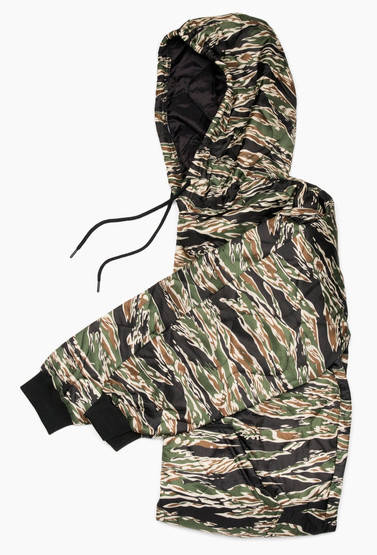 Woobie hoodie zebra-style camo print, pullover hood, and black drawstring.