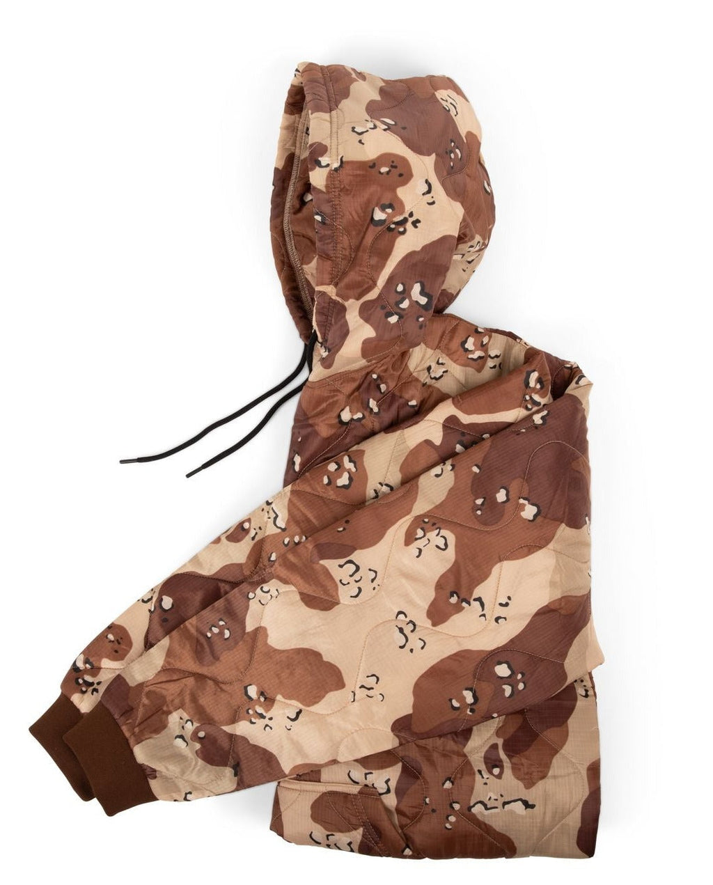 Woobie hoodie desert camo print with hood and black drawstring, pullover style.