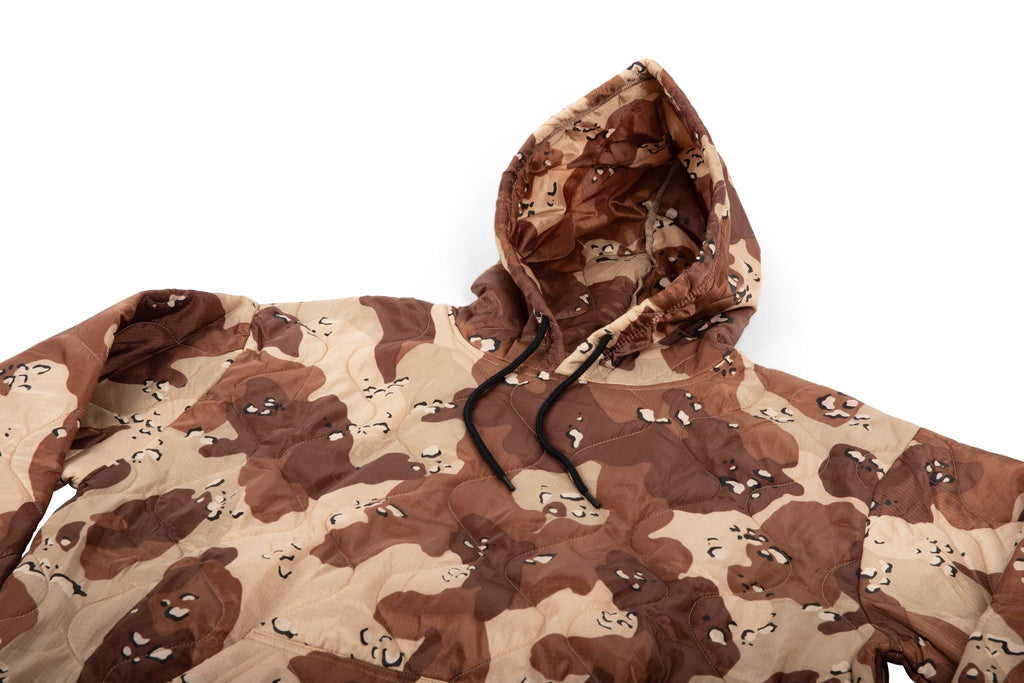 Woobie hoodie desert camo print hooded pullover with black drawstring, close-up hood.