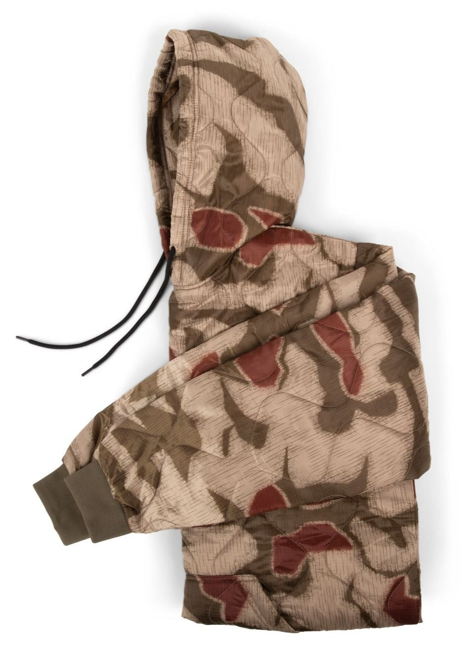 Woobie hoodie mottled tan-and-brown camo print with hood and black drawstring.