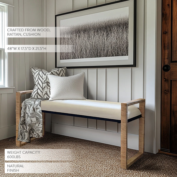 Woven rattan wooden bench with cream seat cushion and natural wood frame