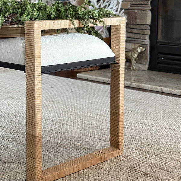 Woven rattan wooden bench corner frame with light wood legs and textured sides