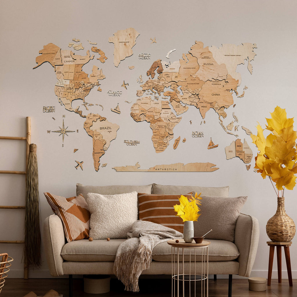 Cork-colored wooden world map wall decor with engraved country borders and labels