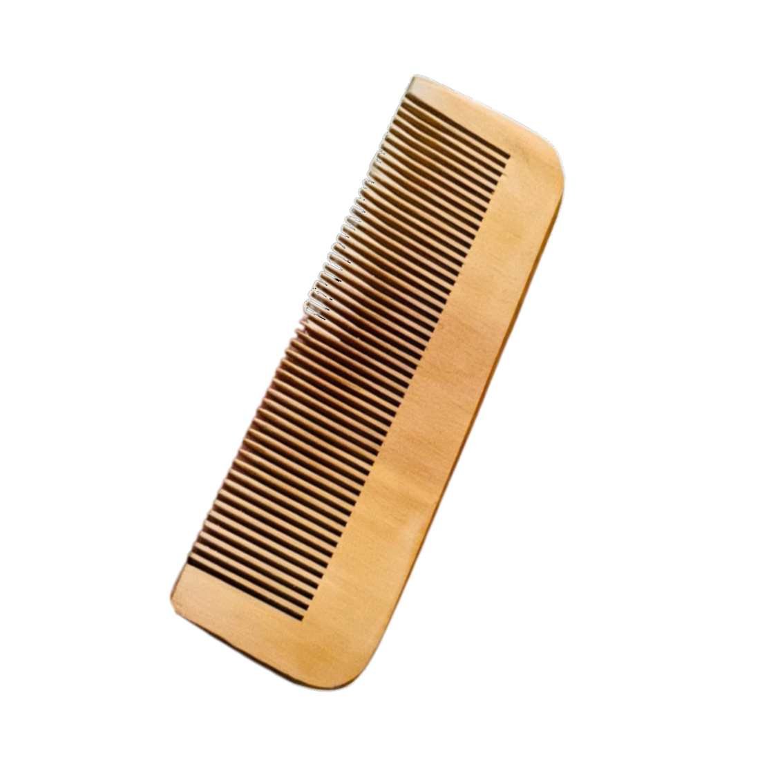 Wooden hair comb with straight teeth, rectangular rounded handle, light brown wood