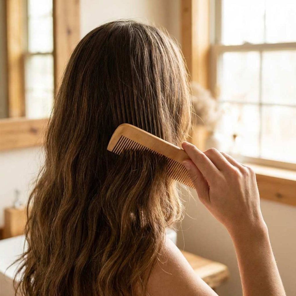 Wooden comb held near hair, wide-tooth straight tines for detangling