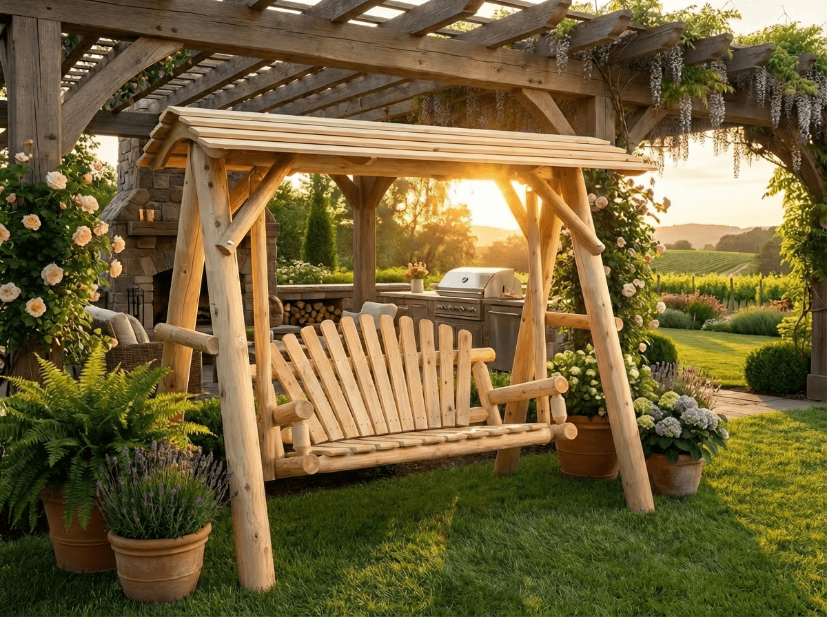 Wooden porch swing with canopy, slatted seat and sturdy side posts