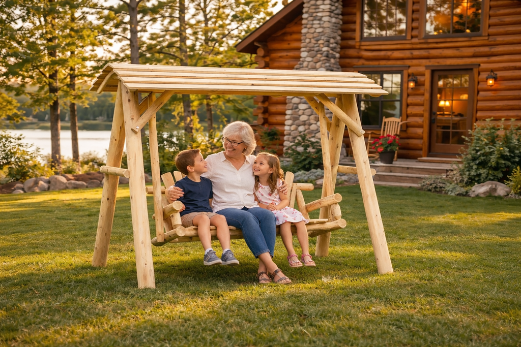 Wooden porch swing with canopy and slatted seat for outdoor lounging