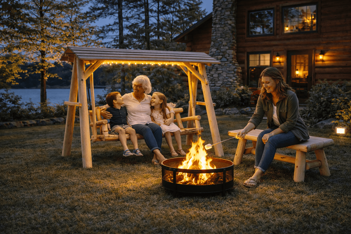 Wooden porch swing with canopy seating group around a fire pit