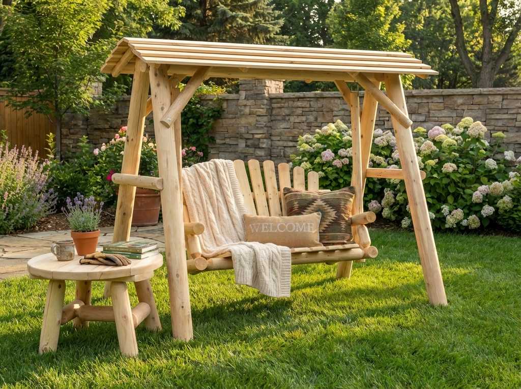 Wooden porch swing with canopy, slatted seat, and Welcome sign