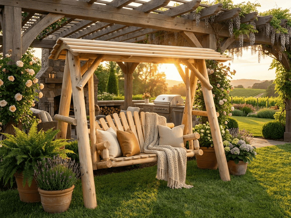 Wooden porch swing with canopy and cushioned bench seat