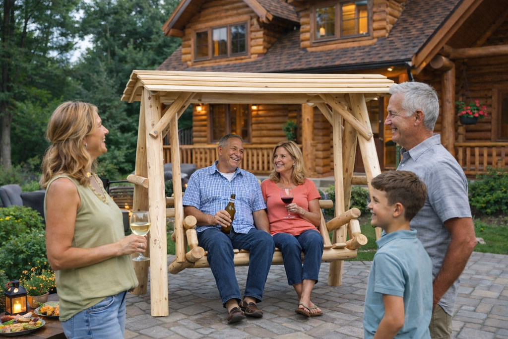 Wooden porch swing with canopy and slatted bench seat on posts