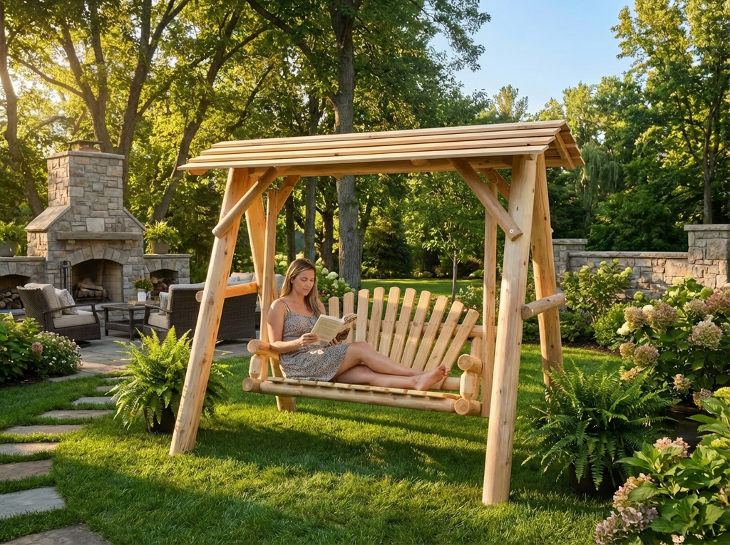 Wooden porch swing with canopy, slatted seat and resting cushions