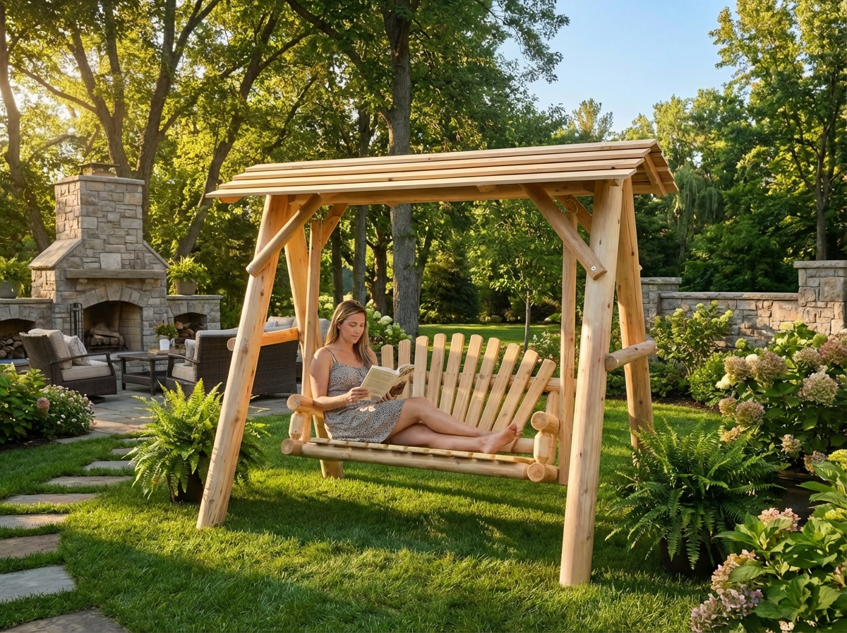 Wooden porch swing with canopy, slatted seat and resting cushions