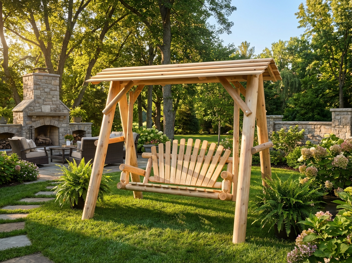 Wooden porch swing with canopy, slatted back and seat