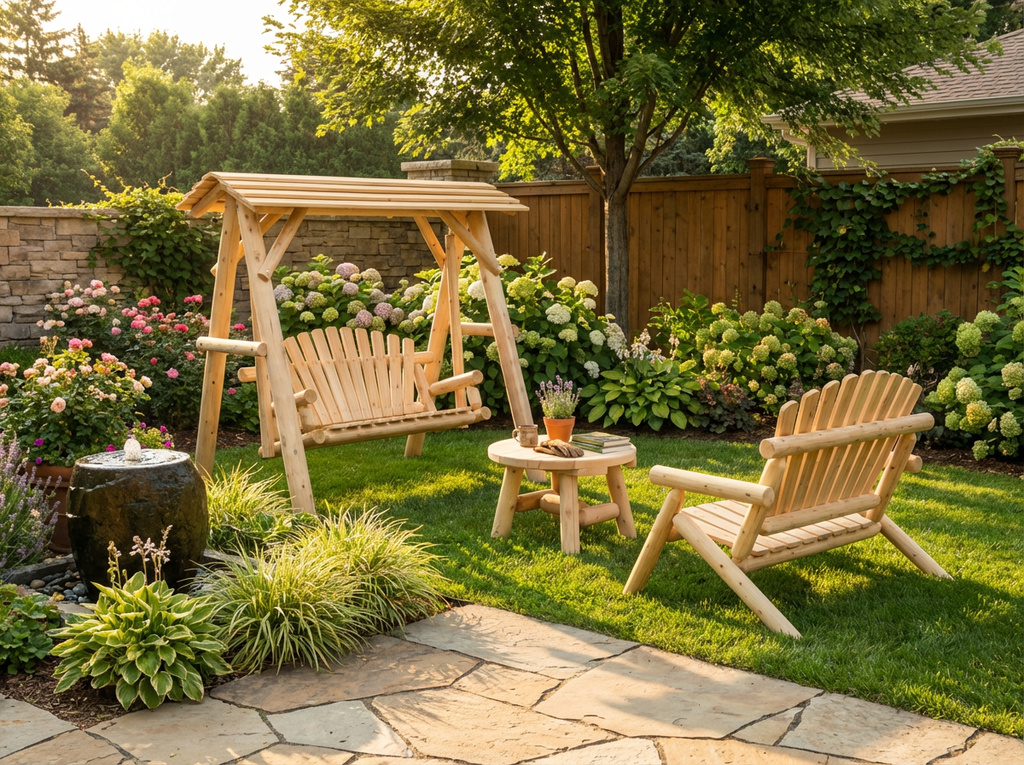 Wooden porch swing with canopy and two matching side chairs