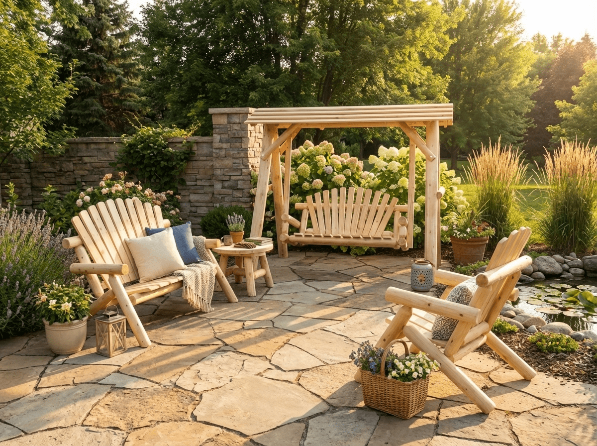 Wooden porch swing with canopy and slatted bench seat
