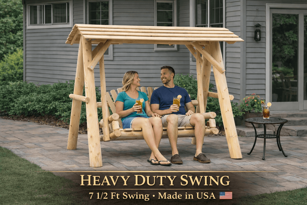 Wooden porch swing with canopy and slatted bench seat