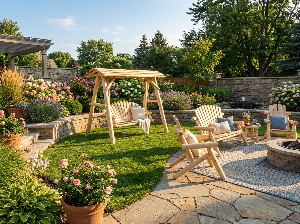 Outdoor wooden porch swing with canopy and slatted seat