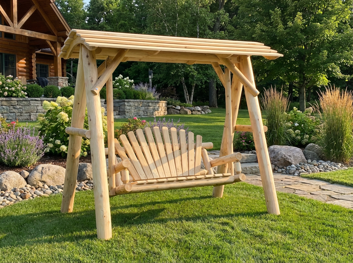 Light wood porch swing with canopy, slatted seat and side arms