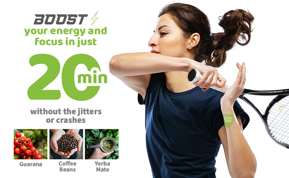 Woman reaching neck with BOOST patch; 'energy and focus in just 20 min' text