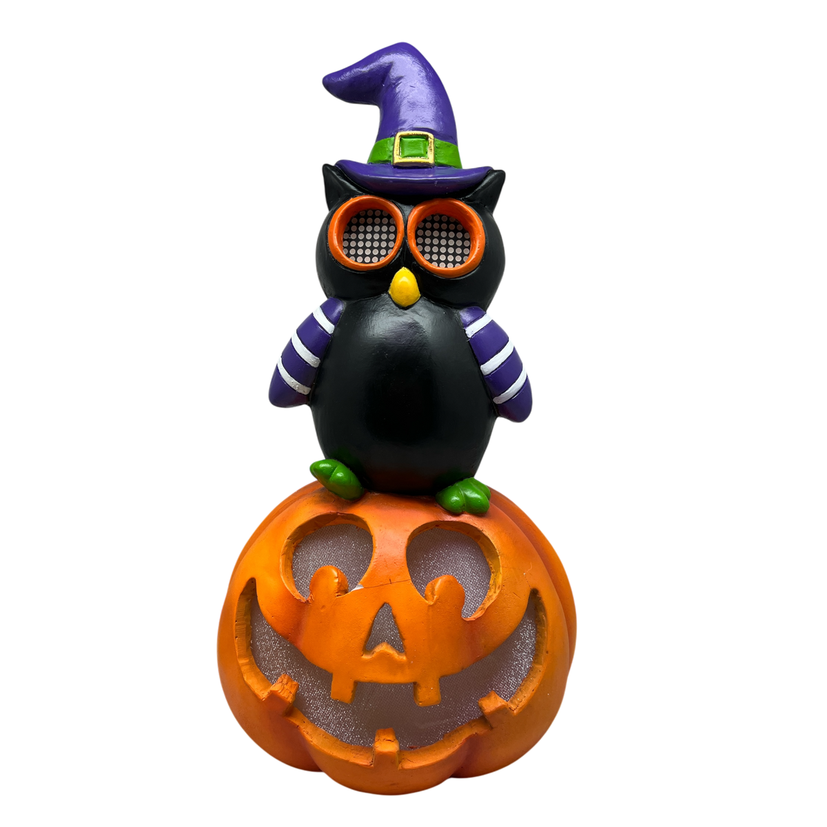 Halloween owl on pumpkin decoration with glowing digital eyes, witch hat, carved grin