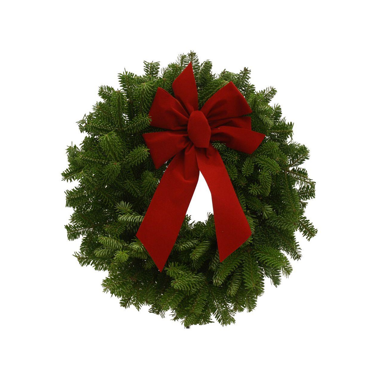 Balsam fir wreath with full red bow centerpiece and hanging ribbon