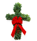 Noble fir wreath cross with red bow and pinecone accents