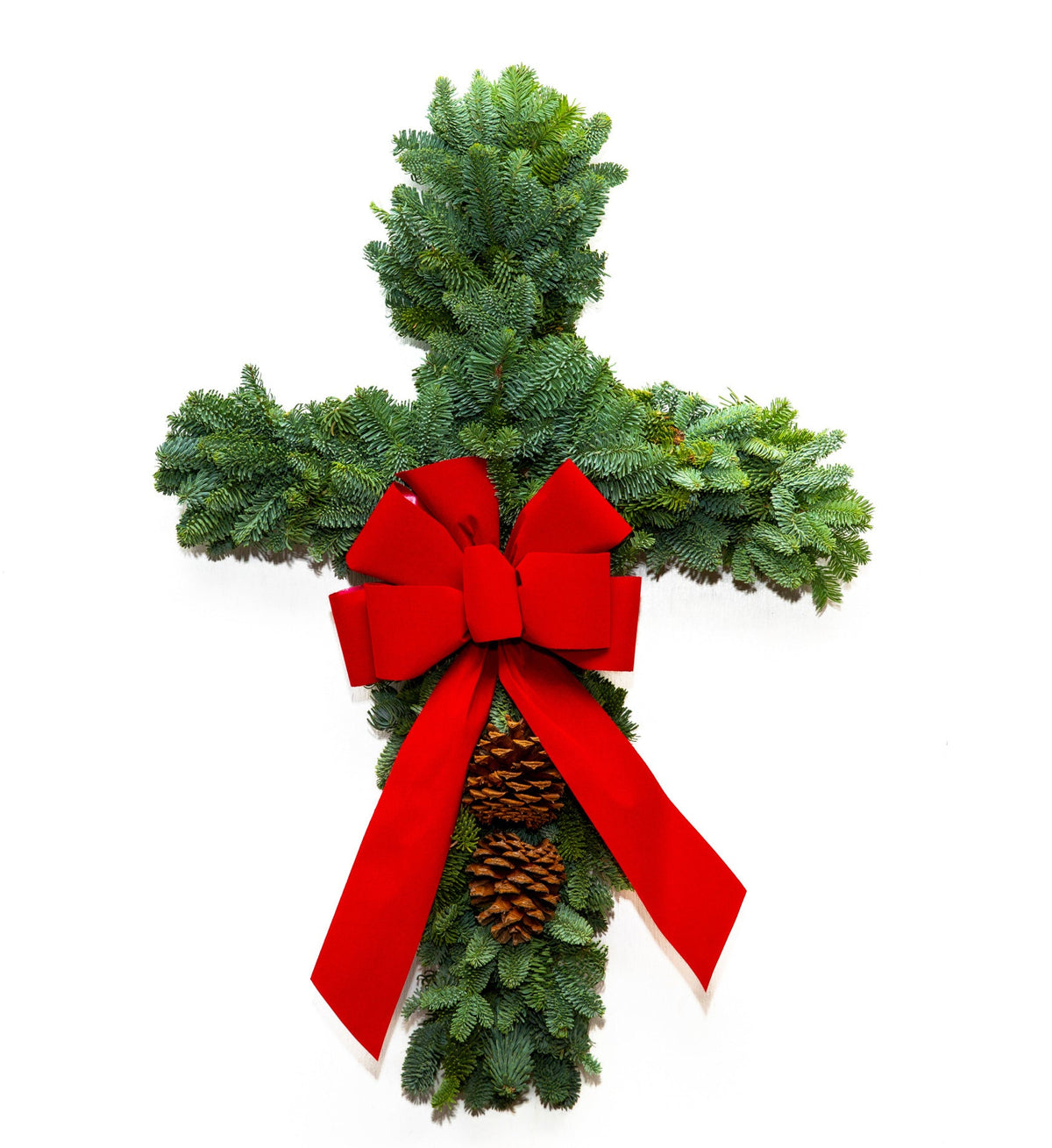 Noble fir wreath cross with red bow and pinecone accents