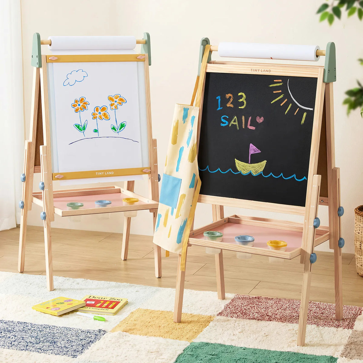 Kids 3-in-1 art easel with light wood frame, chalkboard and paper roll