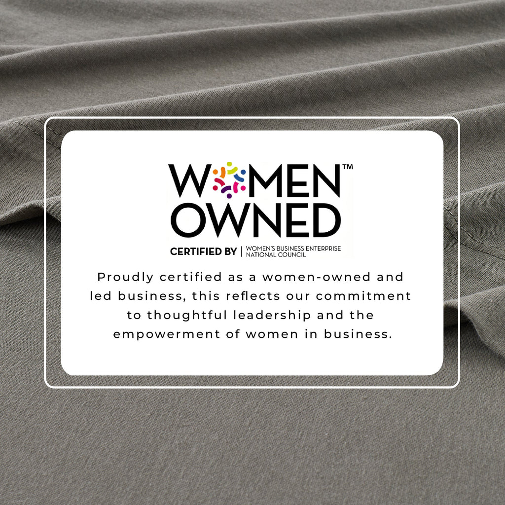 Grey jersey knit sheet set fabric with Women Owned certification badge overlay